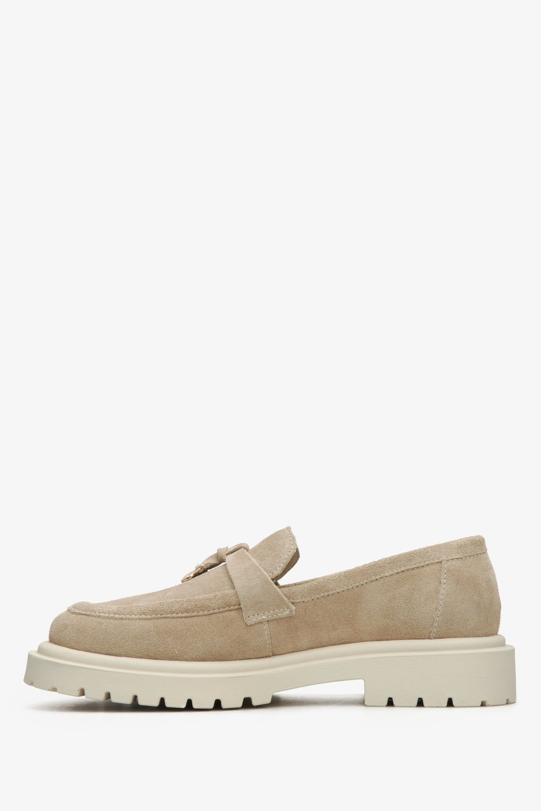 Damskie jasnobrązowe mokasyny z włoskiego weluru naturalnego Estro - profil buta.
