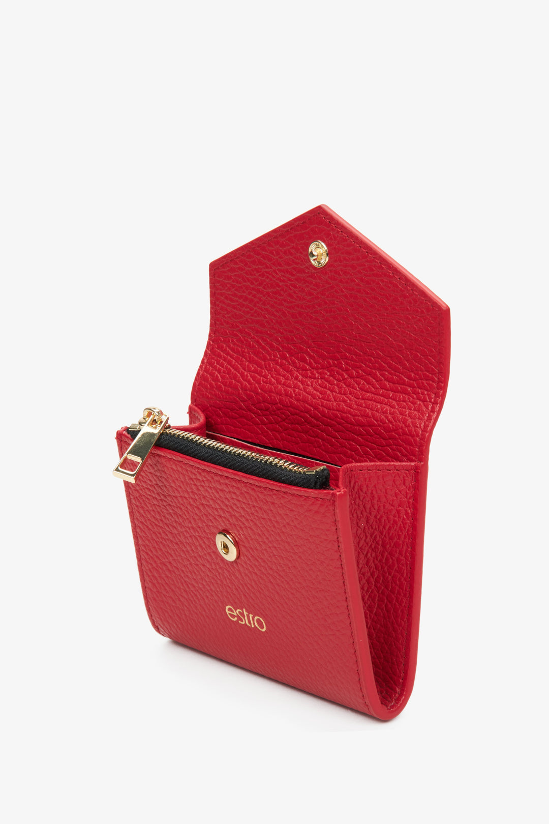 Czerwony skórzany portfel damski Estro - prezentacja modelu po otwarciu.
