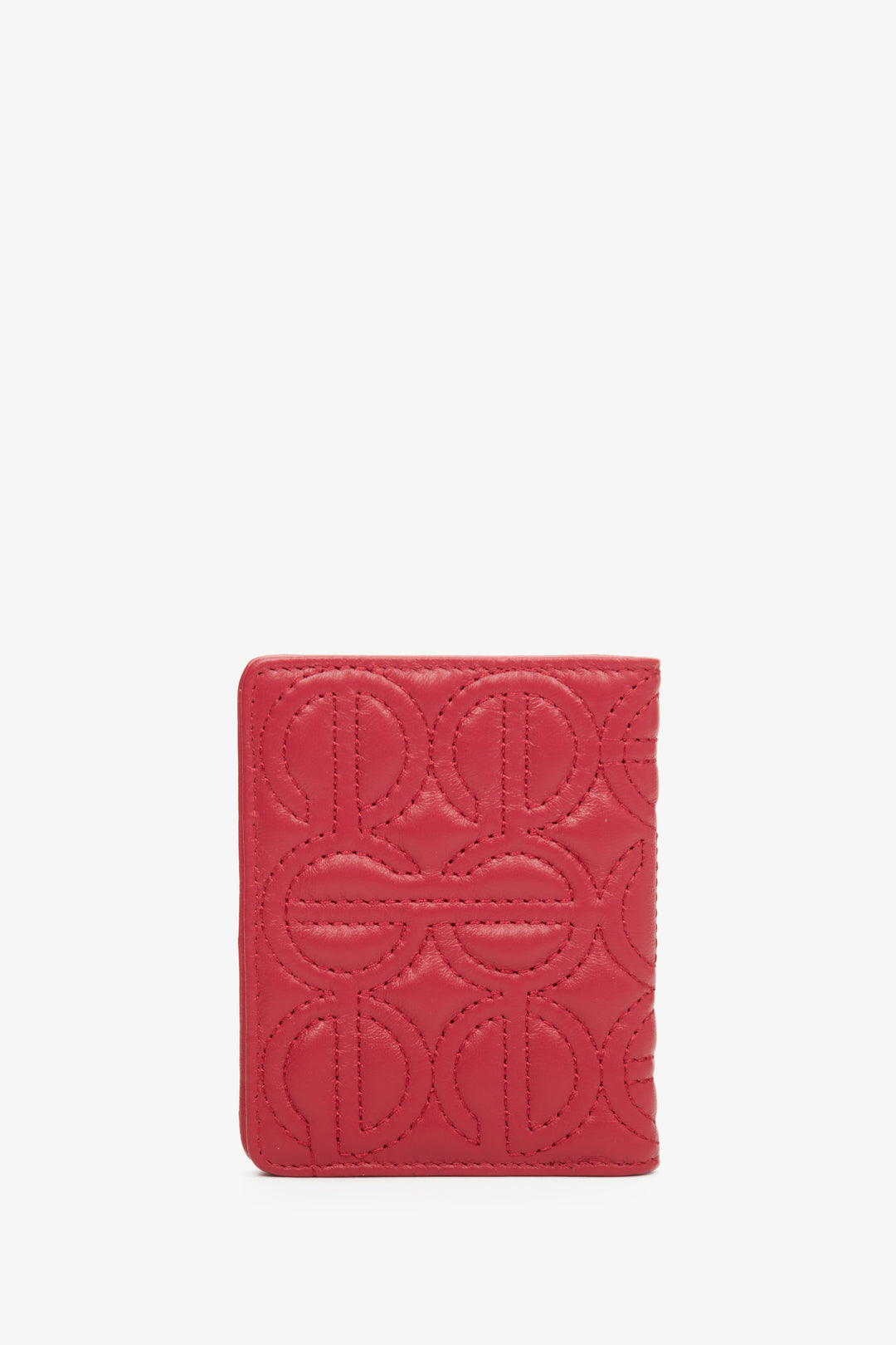 Skórzany, mały portfel damski w kolorze czerwonym marki Estro z tłoczonym logo.