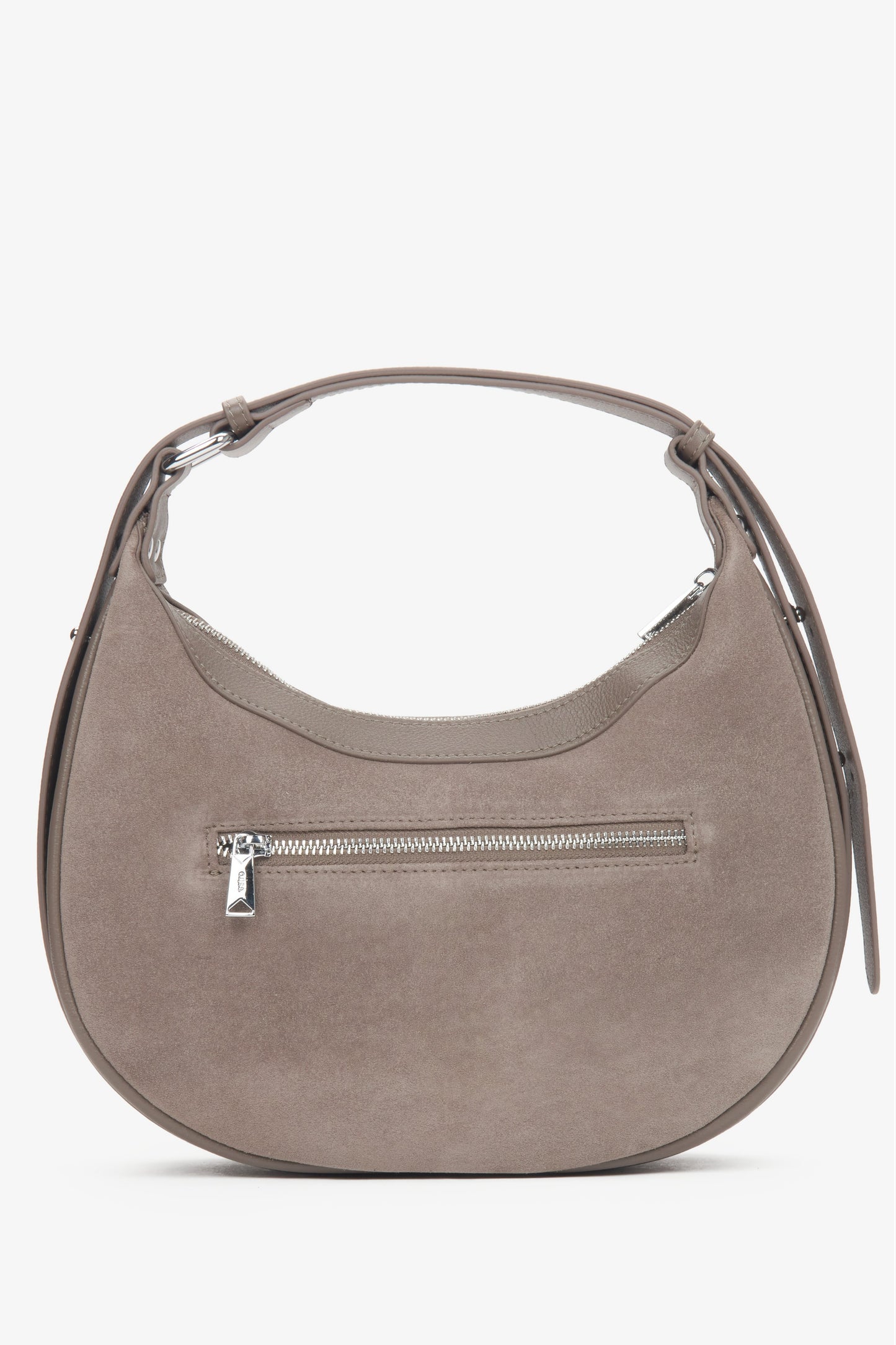 Beżowa torebka damska typu półksiężyc z weluru naturalnego.