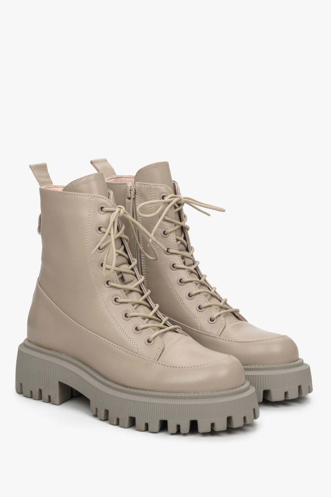 Beżowe workery damskie ze skóry naturalnej z kieszonką Estro ER00111791