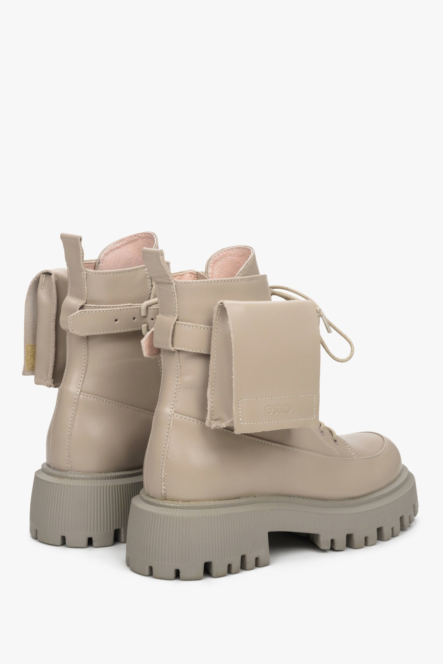 Beżowe workery damskie ze skóry naturalnej z kieszonką Estro ER00111791