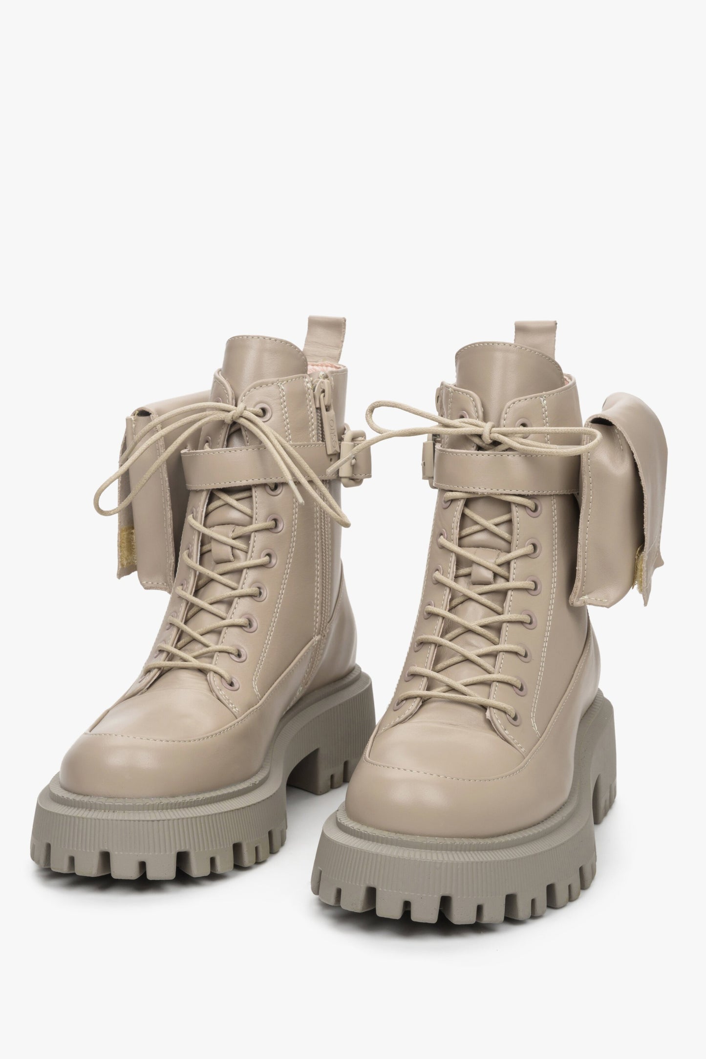 Beżowe workery damskie ze skóry naturalnej z kieszonką Estro ER00111791