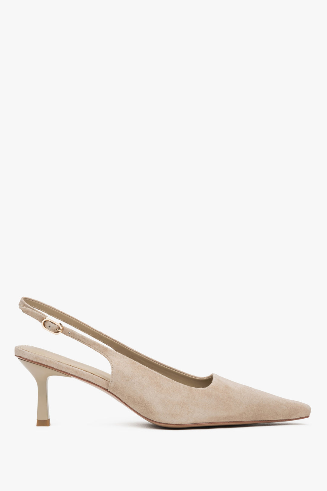Beżowe welurowe czółenka damskie typu slingback na niskim obcasie Estro ER00117228.