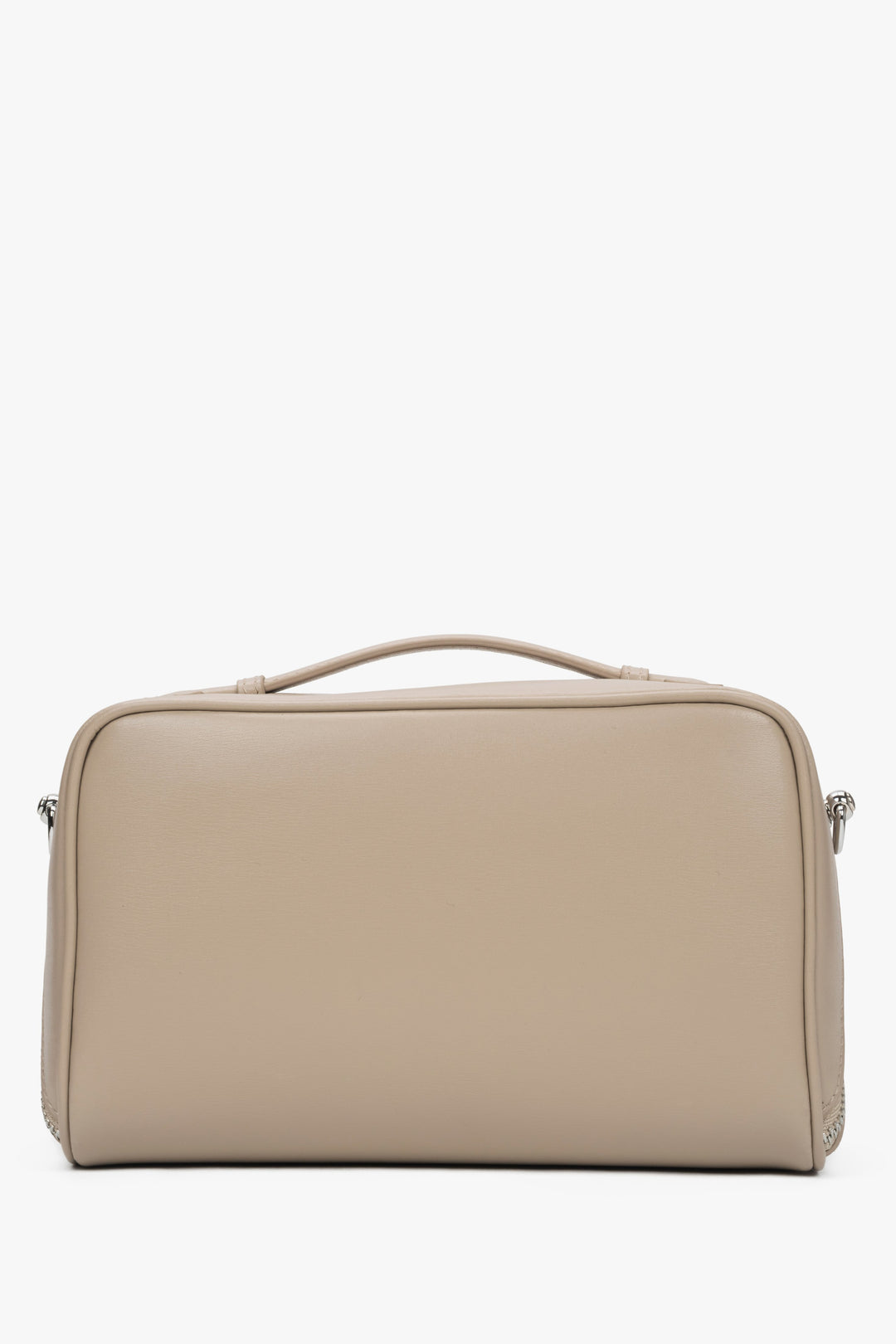 Kompaktowa kosmetyczka damska w beżowo-szarych barwach, stworzona z wysokiej jakości skóry naturalnej, od Estro - tył modelu.