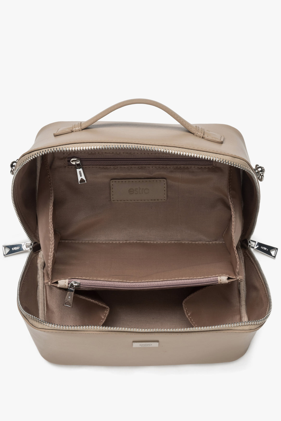 Elegancka beżowo-szara kosmetyczka damska, wykonana z trwałej skóry naturalnej, idealna na co dzień, od Estro - wnętrze.