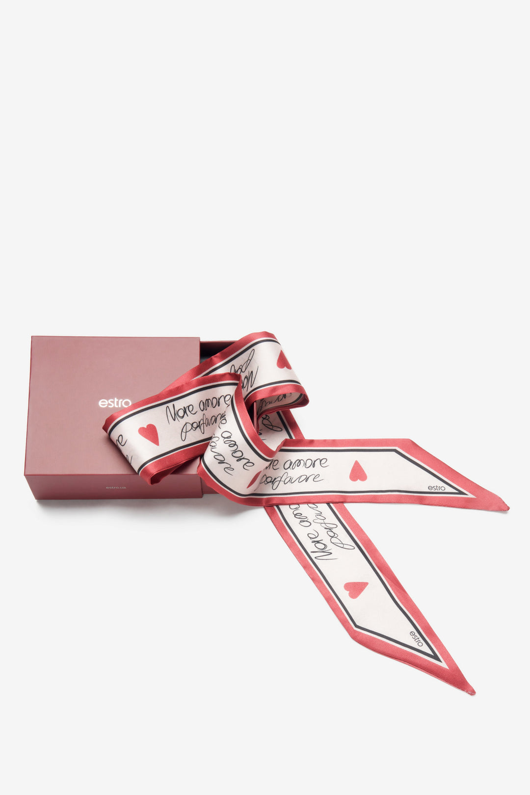 Stylowa biało-czerwona apaszka typu twilly marki Estro.