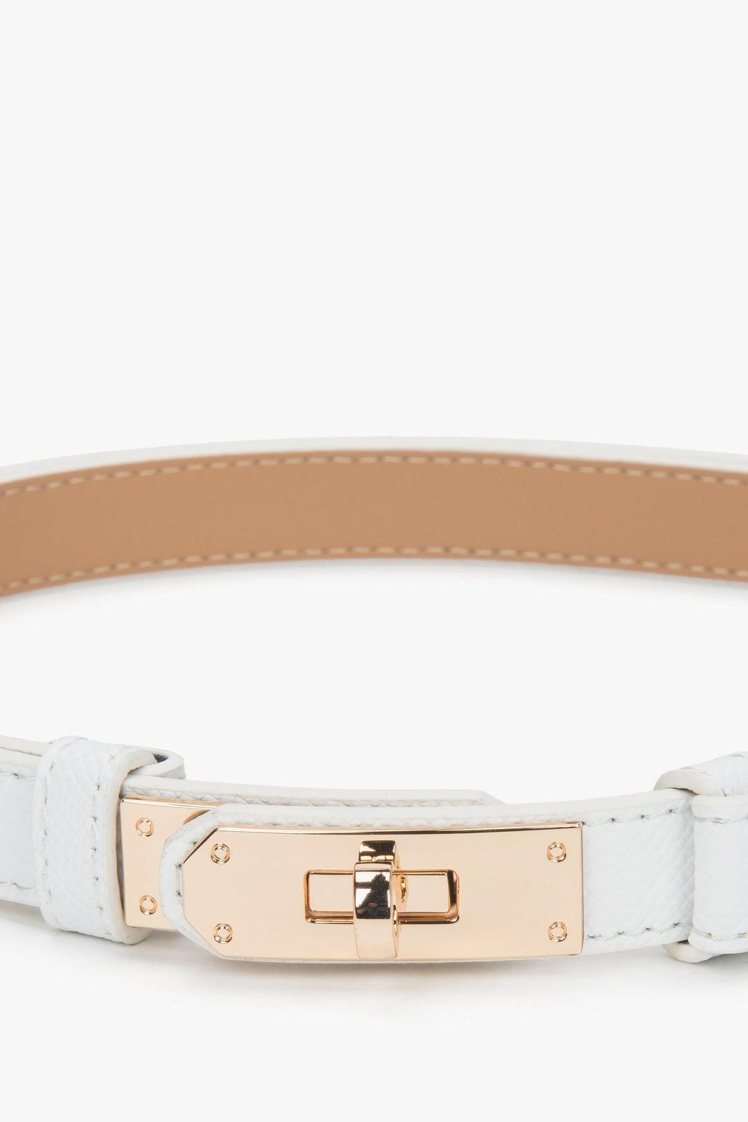 Estro ER00118265 - biały skórzany pasek damski ze złotą sprzączką.