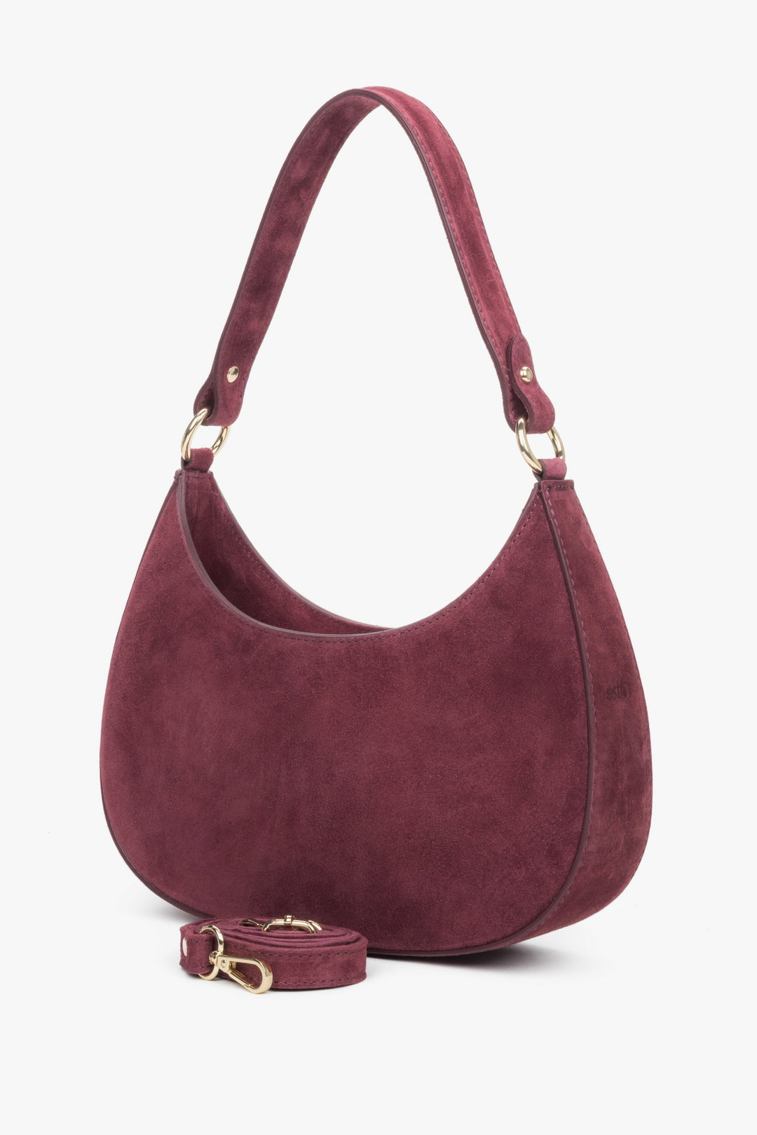 Bordowa torebka damska typu shoulder bag z włoskiego weluru naturalnego Premium - pasek na ramię w zestawie.