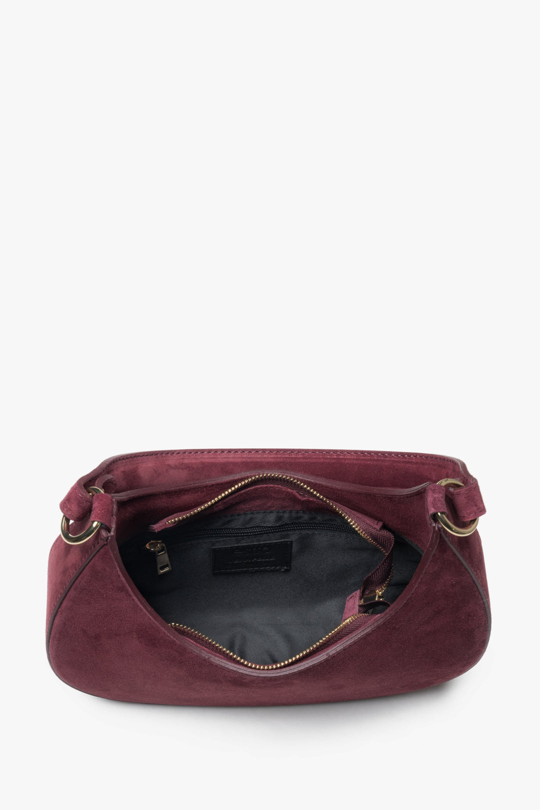 Bordowa torebka damska typu shoulder bag z włoskiego weluru naturalnego Premium - widok z góry.