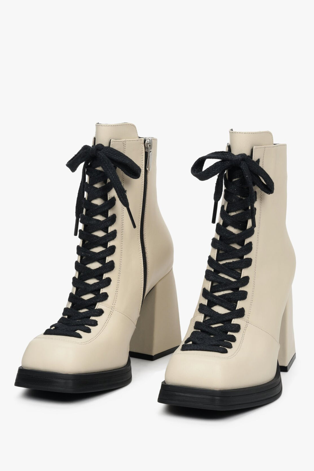 Beżowe botki damskie na obcasie ze skóry naturalnej ⠂Sklep Estro