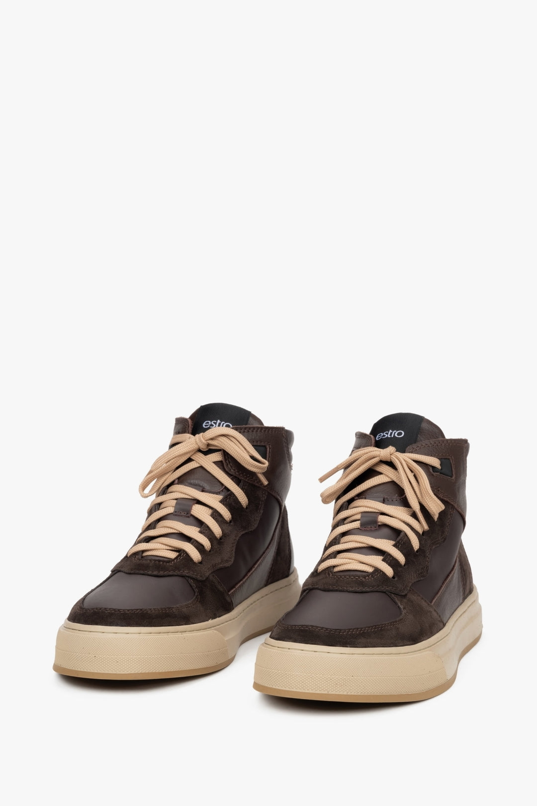 Wysokie ciemnobrązowe sneakersy męskie z weluru i włoskiej skóry z ociepleniem Estro