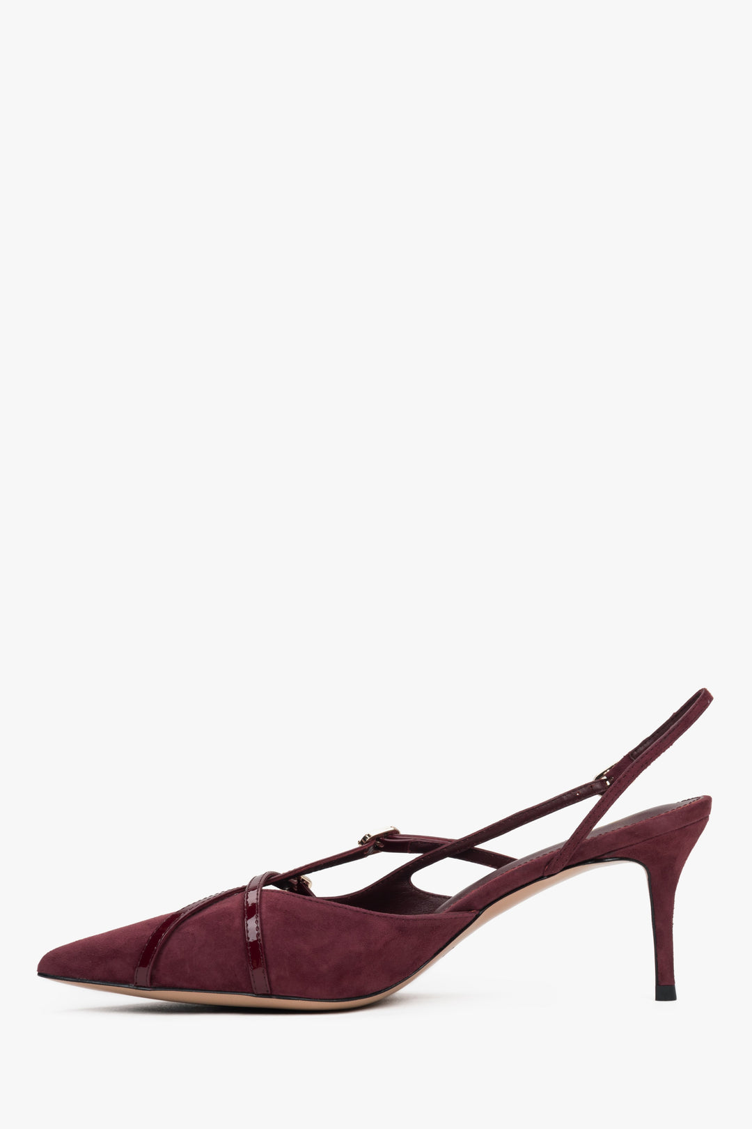 Stylowe burgundowe czółenka damskie Estro, uszyte z przyjemnego w dotyku weluru, typu slingback, dodające szyku i głębi kolorystycznej.