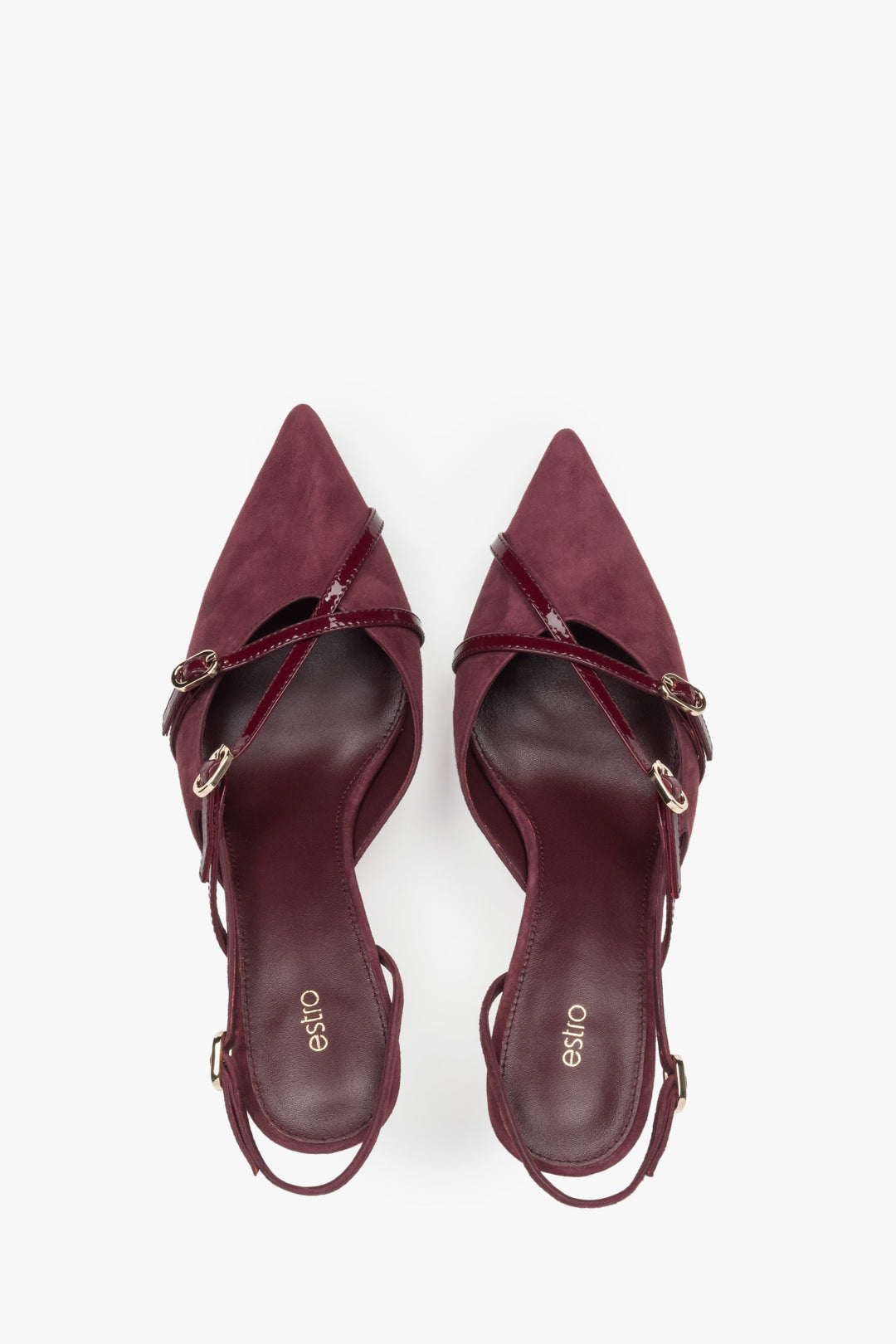 Komfortowe burgundowe czółenka damskie Estro z miękkiego weluru, o fasonie slingback - prezentacja z góry.