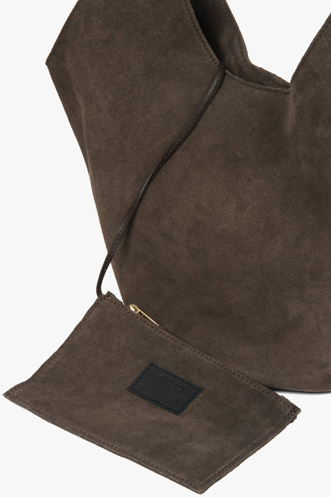 Ciemnobrązowa torebka damska Estro ER00118144, typu hobo, z włoskiego weluru naturalnego Premium.