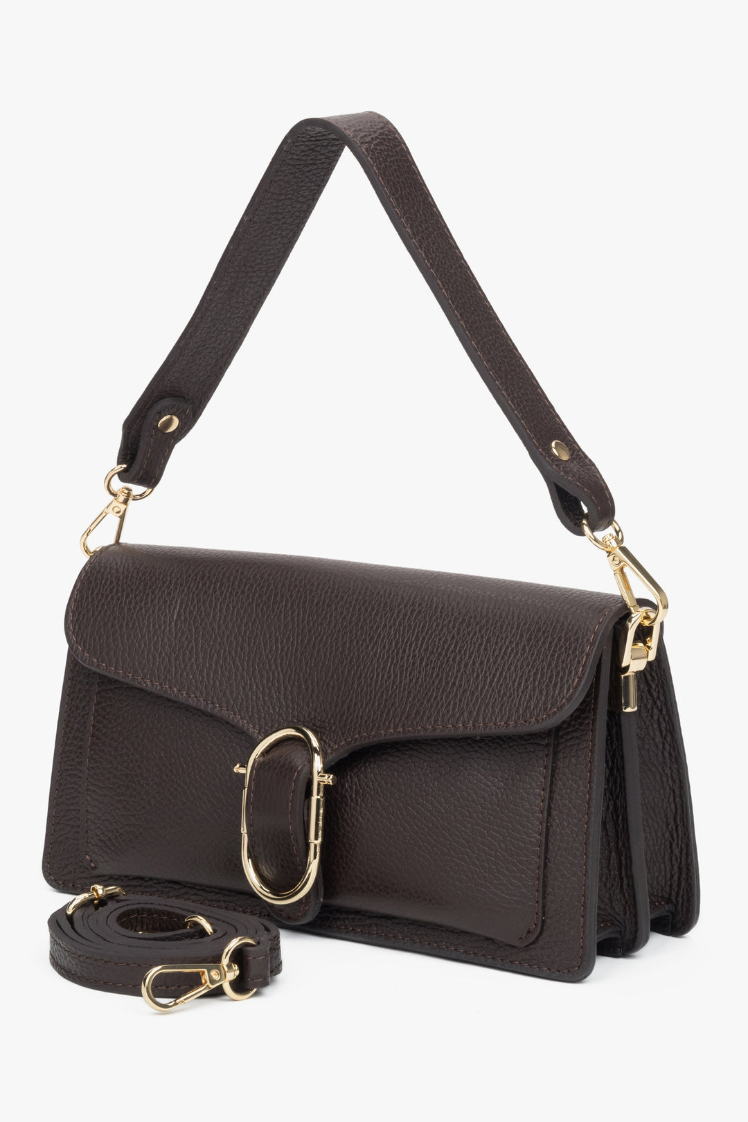 Damska torebka na ramię w kolorze ciemnego brązu, z włoskiej skóry naturalnej Estro.