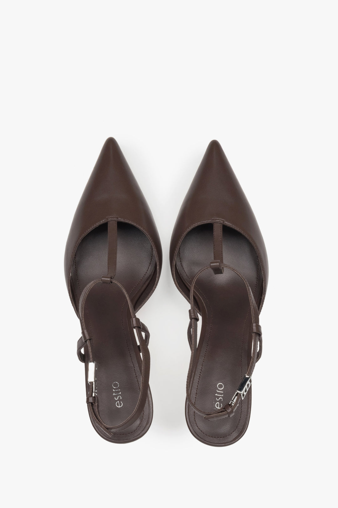 Ponadczasowe ciemnobrązowe czółenka damskie Estro, o fasonie slingback, na szpilce, z eleganckim czubkiem w szpic - idealne do biura i na wieczorne wyjścia.