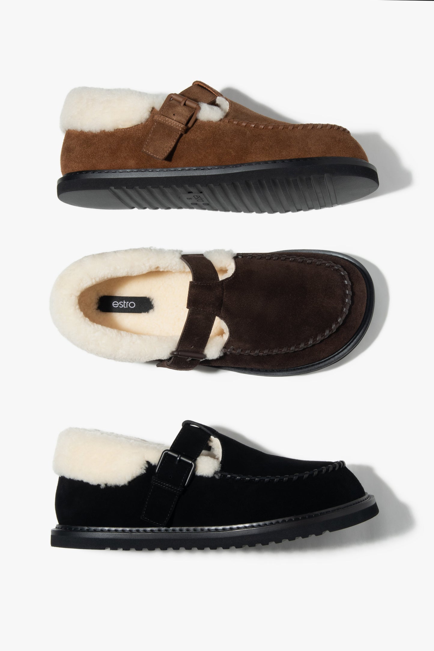 Mokasyny damskie na zimę, ciemnobrązowe, z weluru naturalnego i futra, Estro.