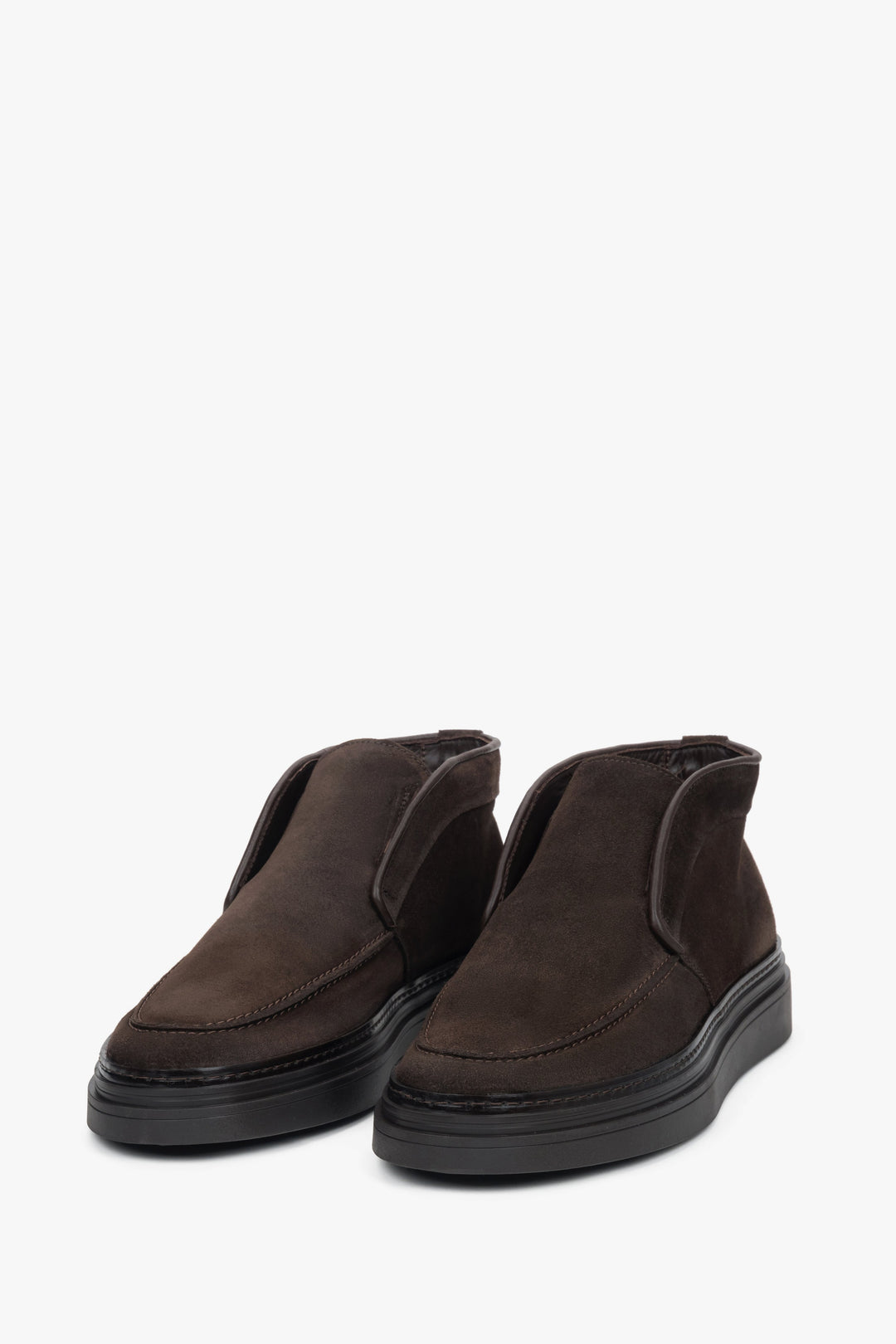 Męskie ciemnobrązowe, podwyższane, ocieplane mokasyny z włoskiego weluru naturalnego Premium Estro ER00118323.