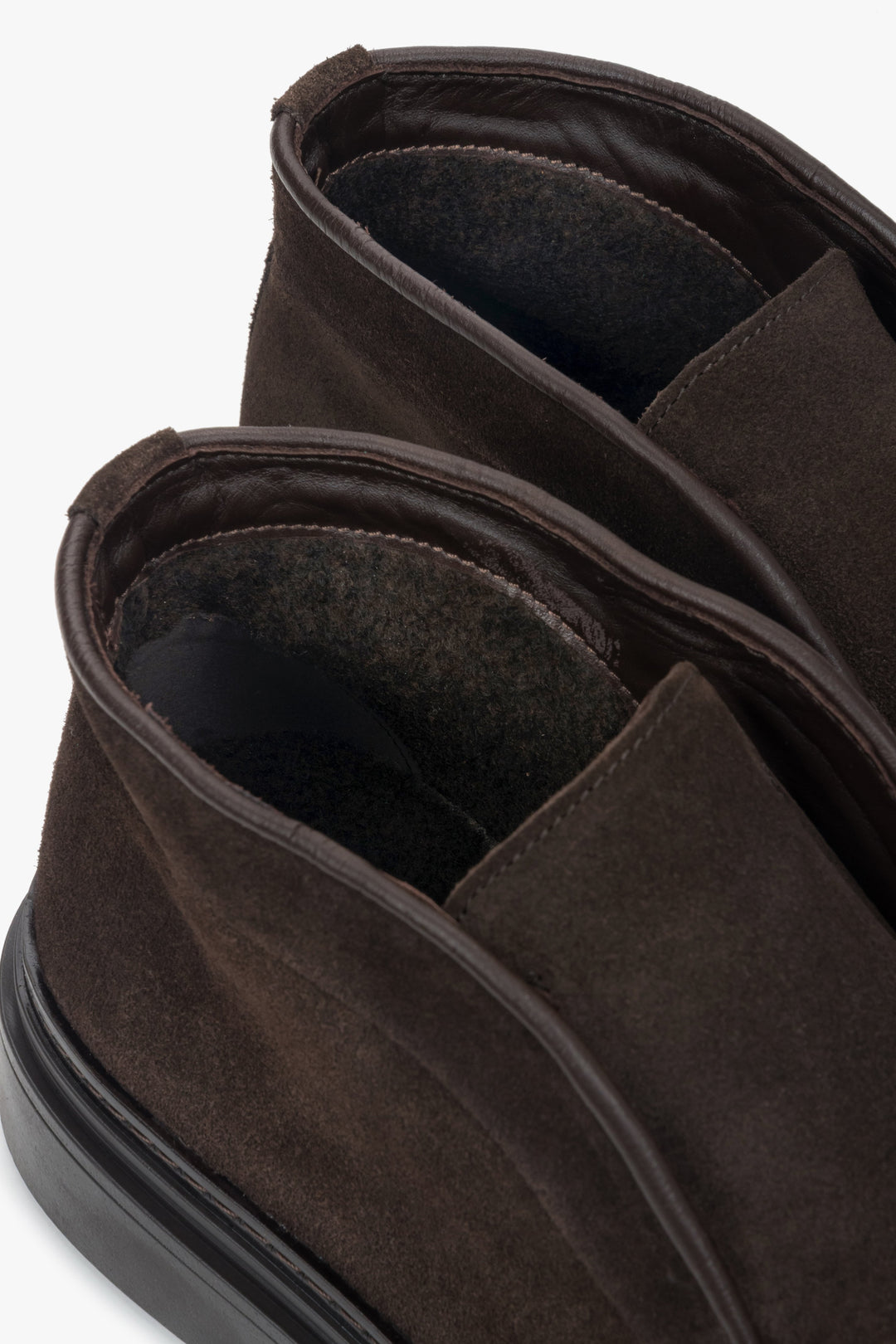 Podwyższane, ocieplane, ciemnobrązowe mokasyny męskie z włoskiego weluru naturalnego Premium, Estro ER00118323.