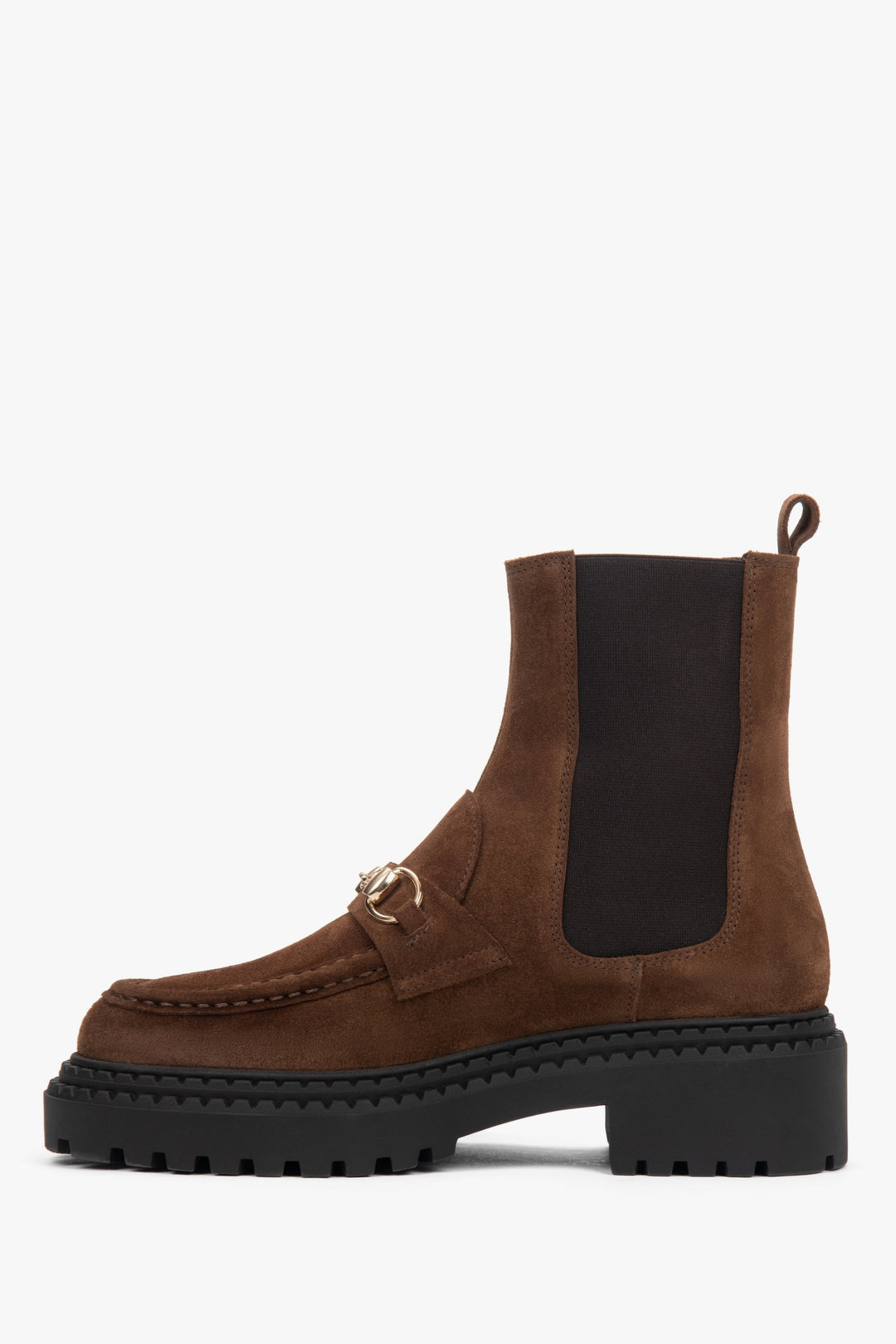 Z włoskiego weluru naturalnego Premium, ciemnobrązowe sztyblety damskie ze złotą sprzączką.