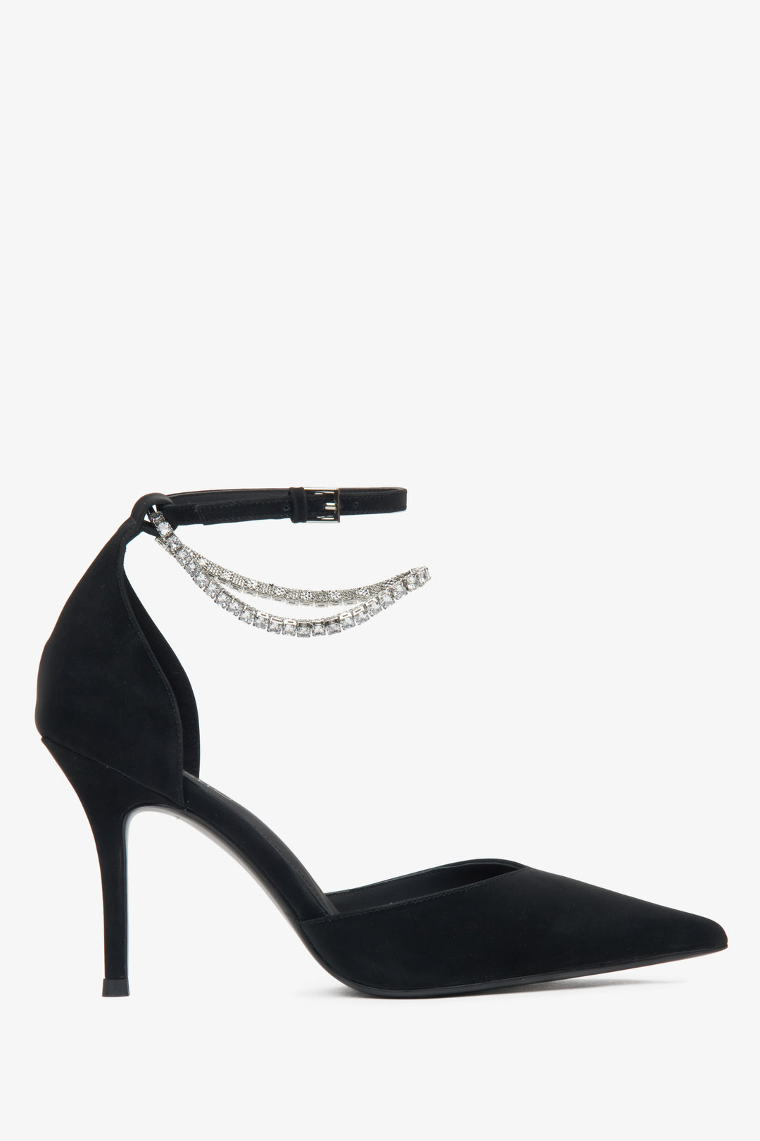 Czarne czółenka damskie w szpic z kryształkami Estro.