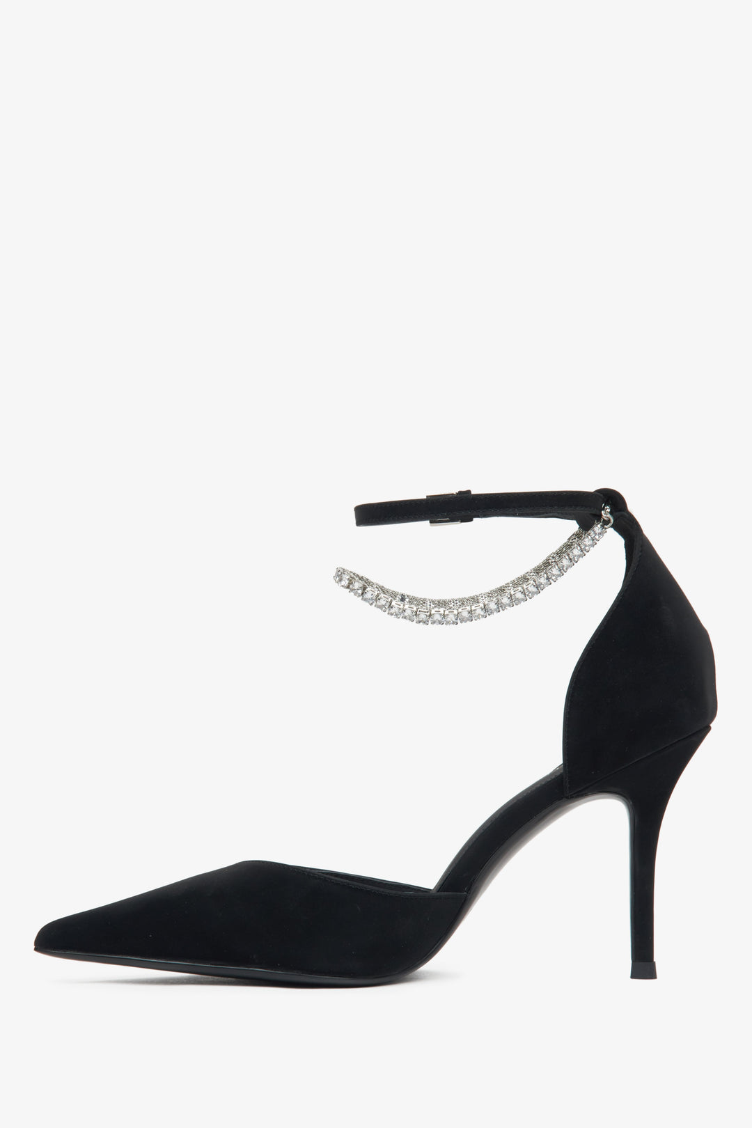 Czarne czółenka Estro w szpic z kryształkami i fakturowaną skórą.