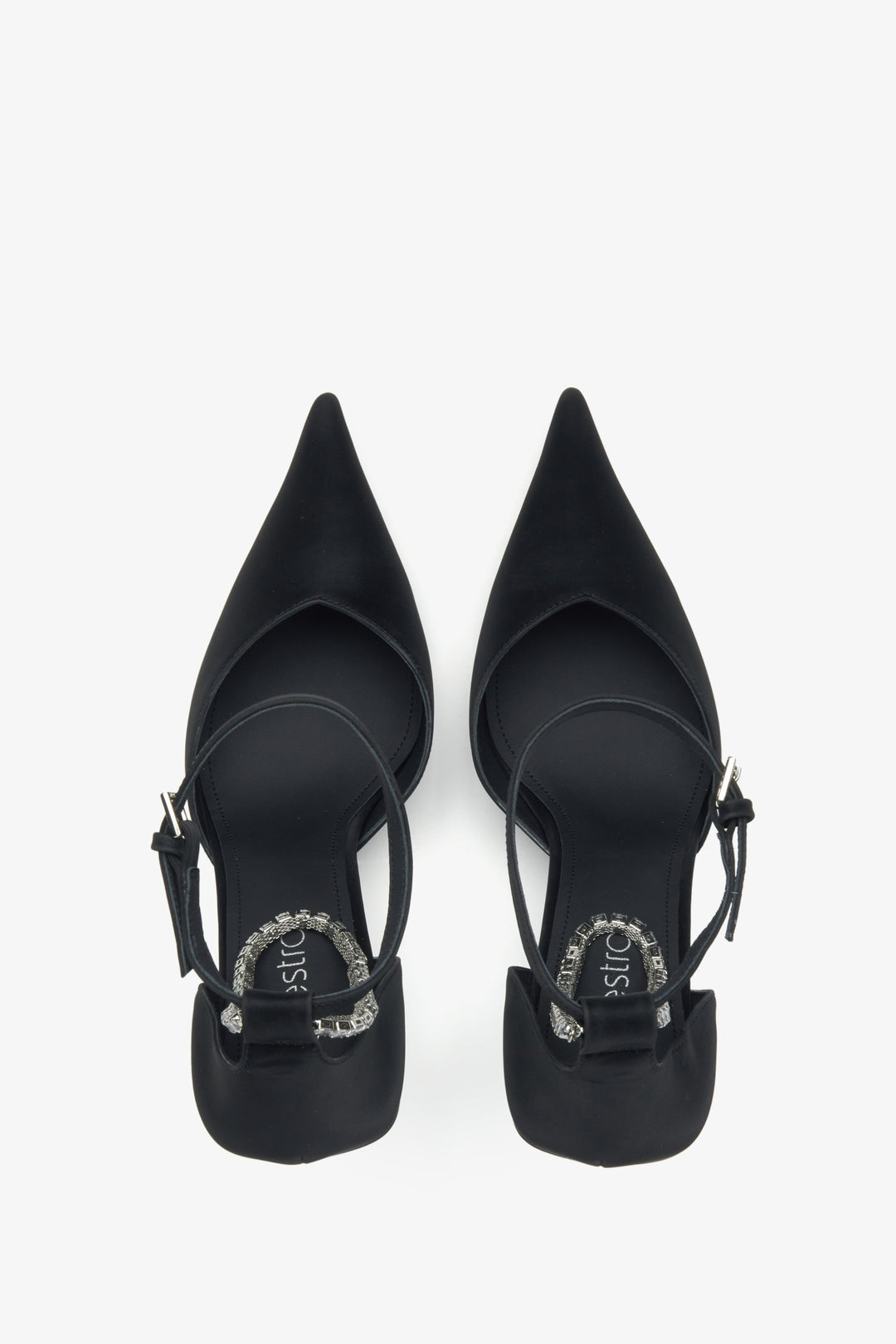 Stylowe czarne czółenka z kryształkami i teksturowaną skórą Estro - prezentacja z góry.