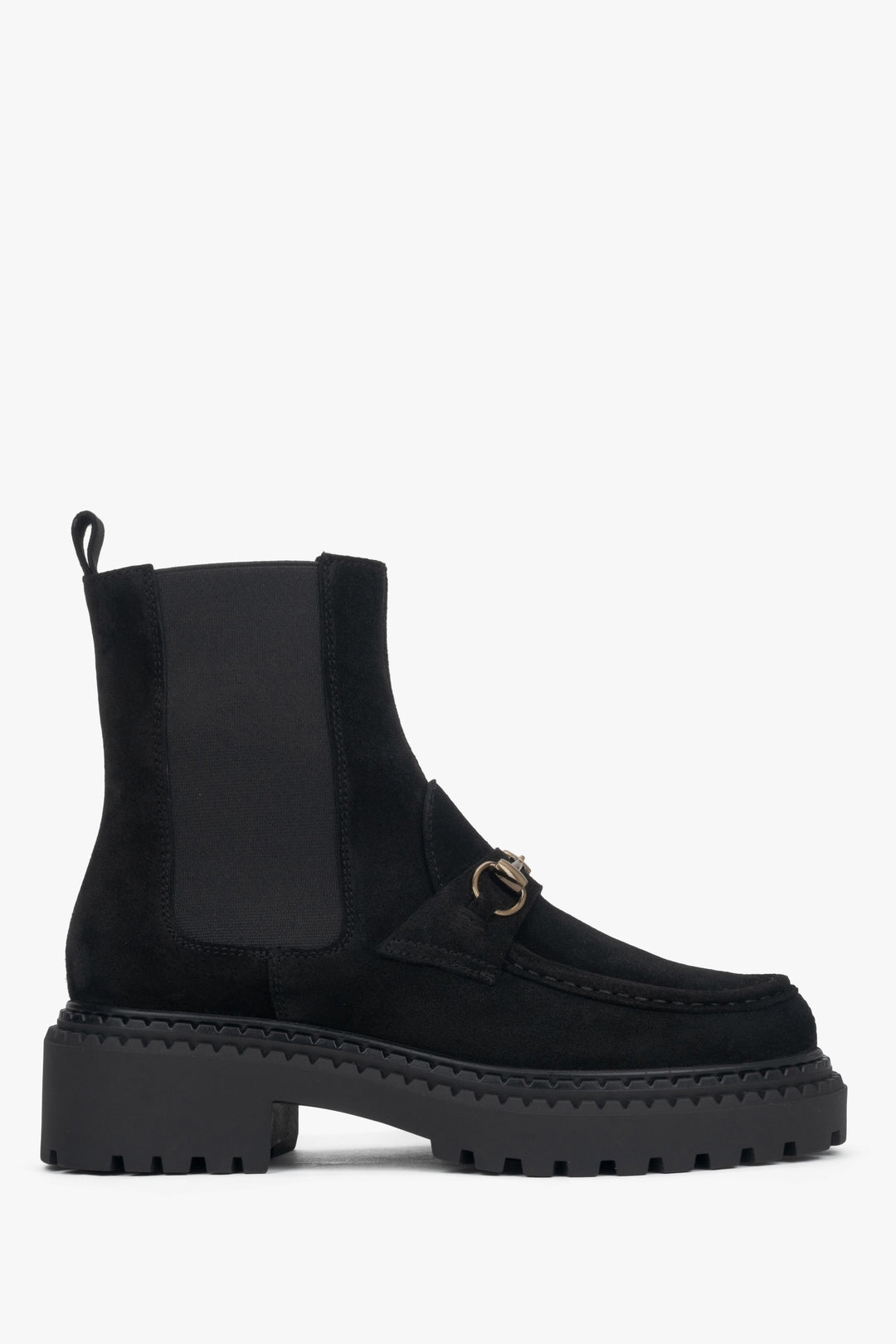 Czarne sztyblety damskie z włoskiego weluru naturalnego Premium ze złotą sprzączką Estro ER00118381.