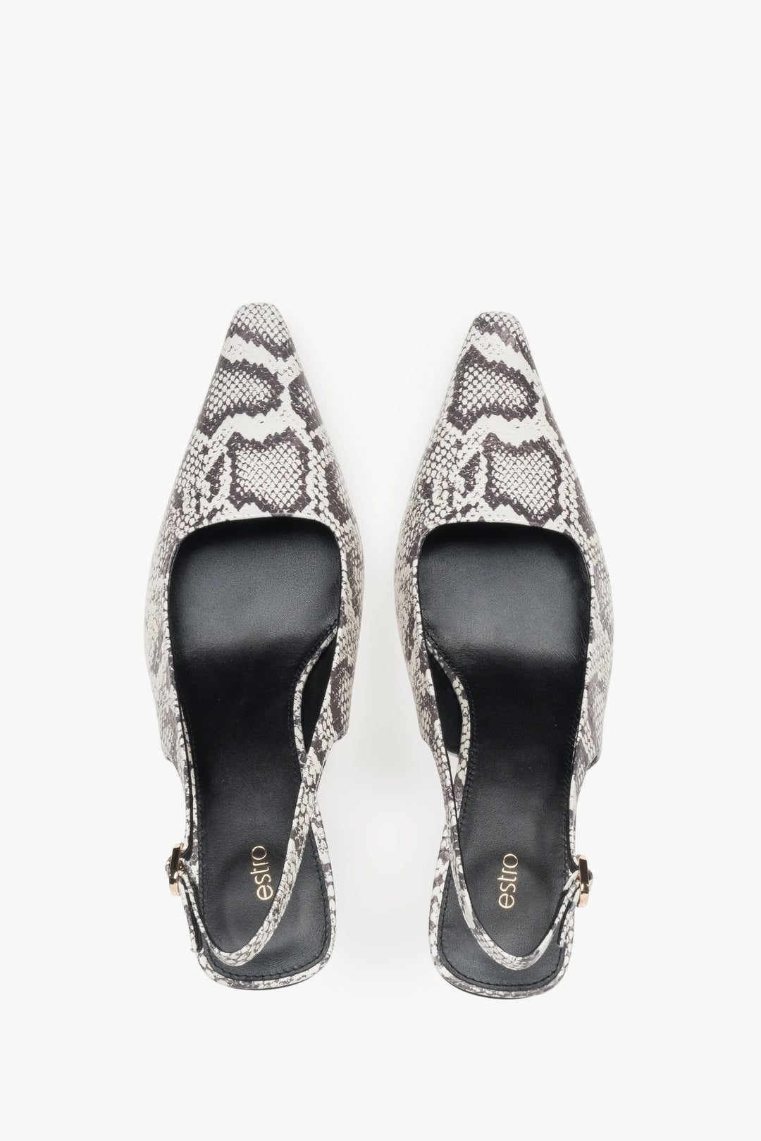 Eleganckie czarno-szare czółenka damskie na niskim obcasie typu slingback wykonane ze skóry naturalnej przez Estro.