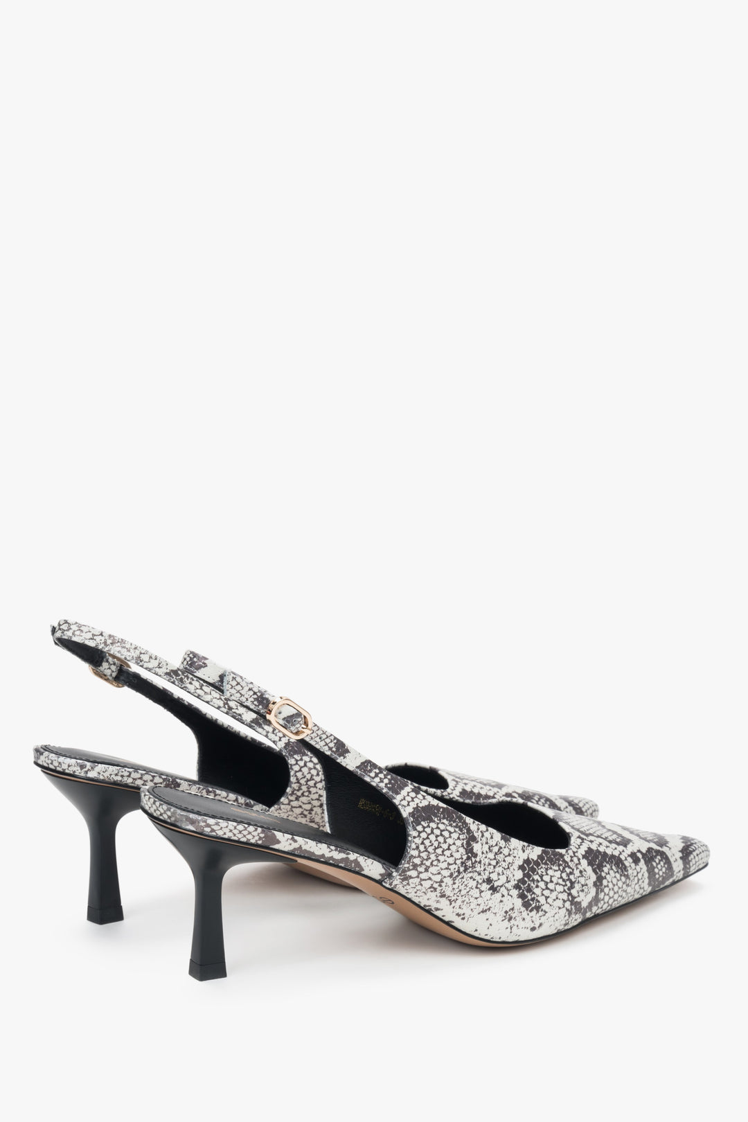 Czarno-szare czółenka damskie Estro z ze skóry na niskim obcasie typu slingback.