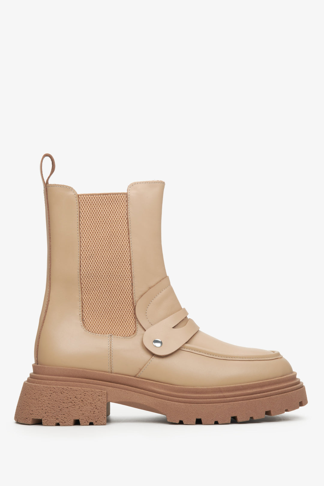 Beżowe sztyblety damskie ze skóry naturalnej z ozdobną aplikacją Estro ER00114054