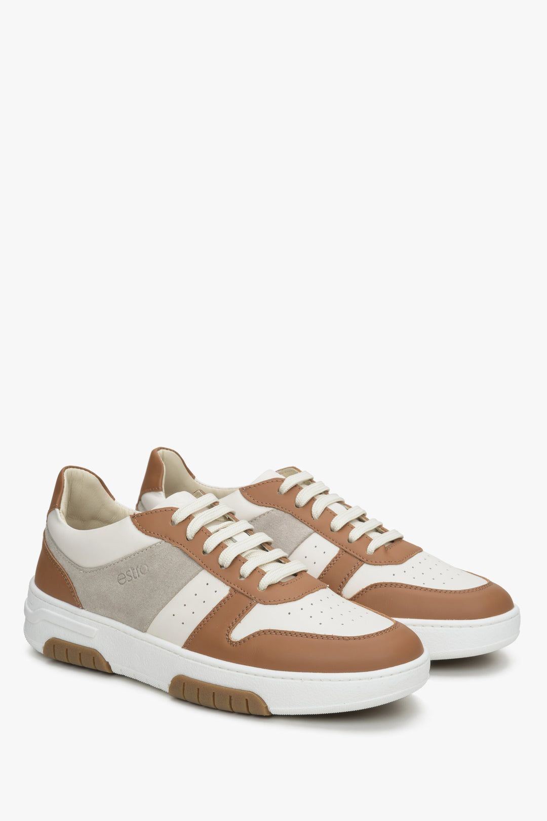 Sneakersy damskie brązowo-biało-szare Estro ze skóry naturalnej.