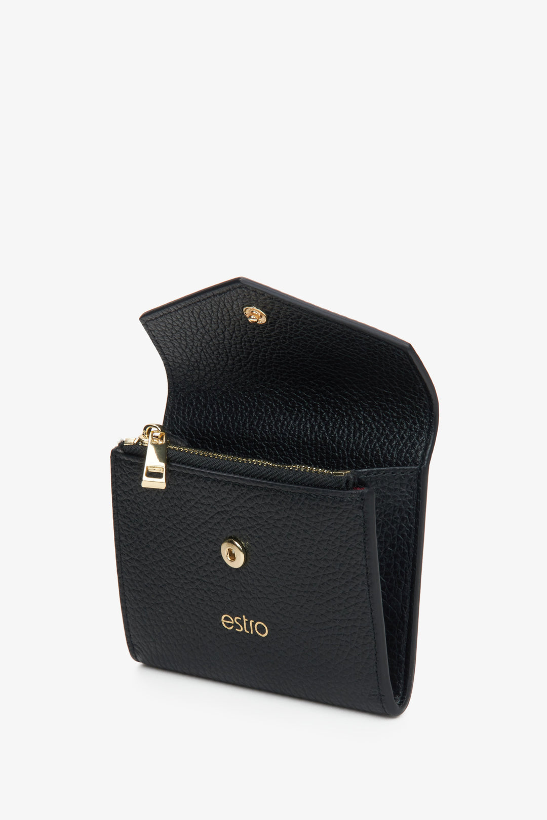 Czarny skórzany portfel damski Estro - prezentacja modelu po otwarciu.