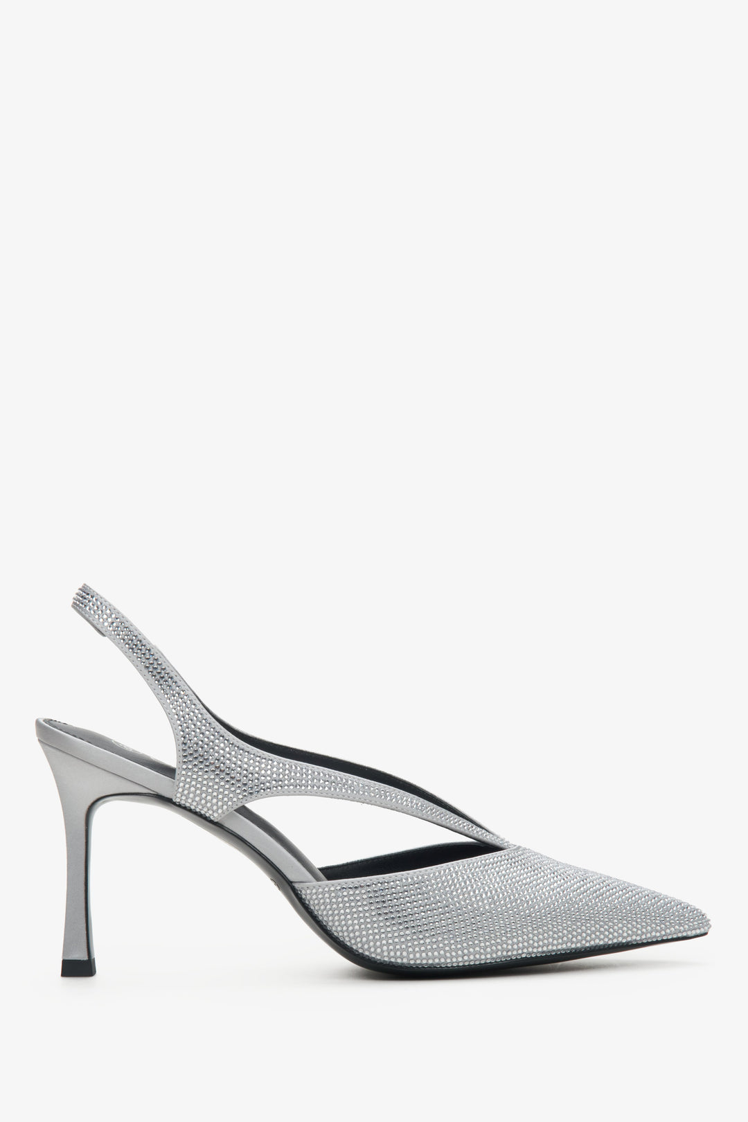 Srebrne czółenka damskie typu slingback z kryształkami Estro ER00114305