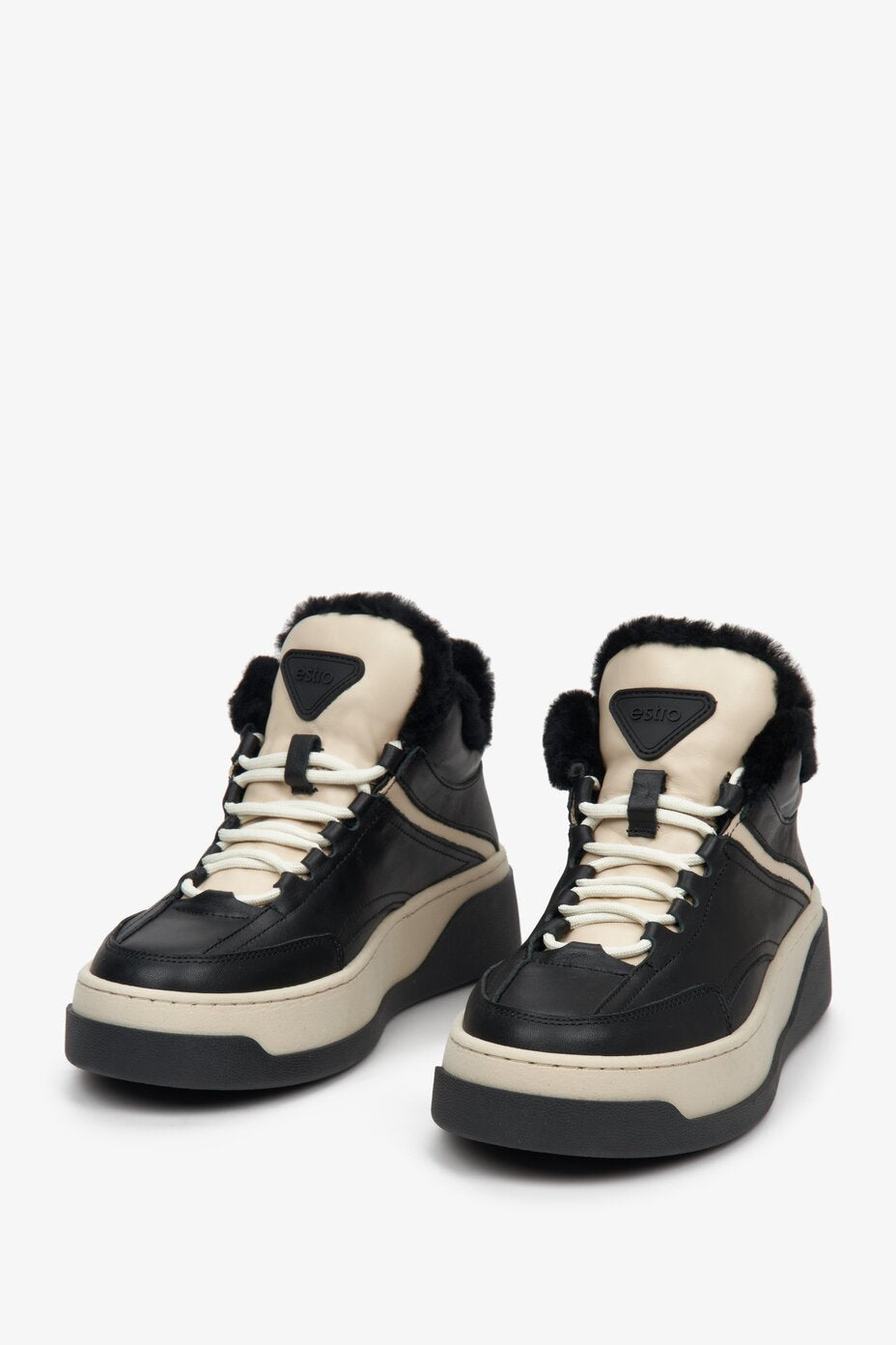 Czarno-beżowe zimowe sneakersy damskie z futerkiem Estro ER00112030