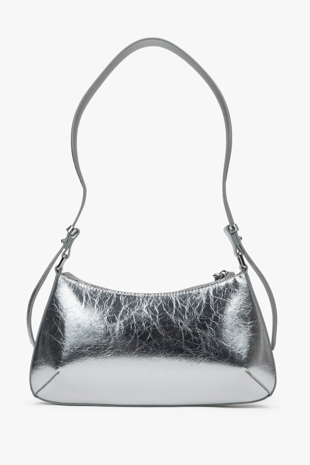 Skórzana torebka damska w odcieniu srebra w fasonie bagietki Estro.