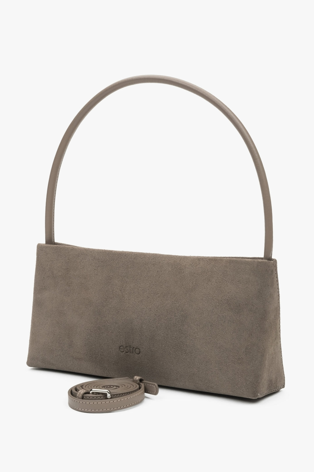 Szarobrązowa torebka Estro z naturalnego weluru, przeznaczona do noszenia na ramieniu.