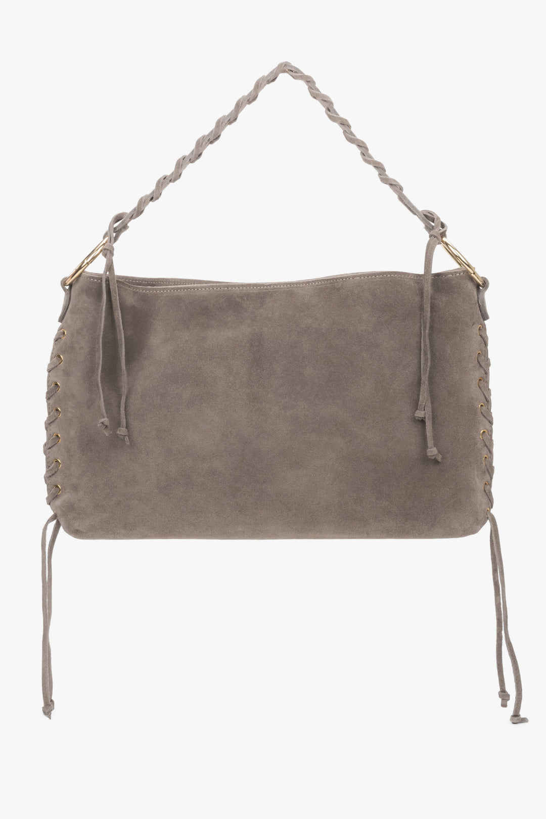 Beżowa torebka damska typu boho z plecioną rączką z włoskiego weluru naturalnego Premium Estro ER00118156.