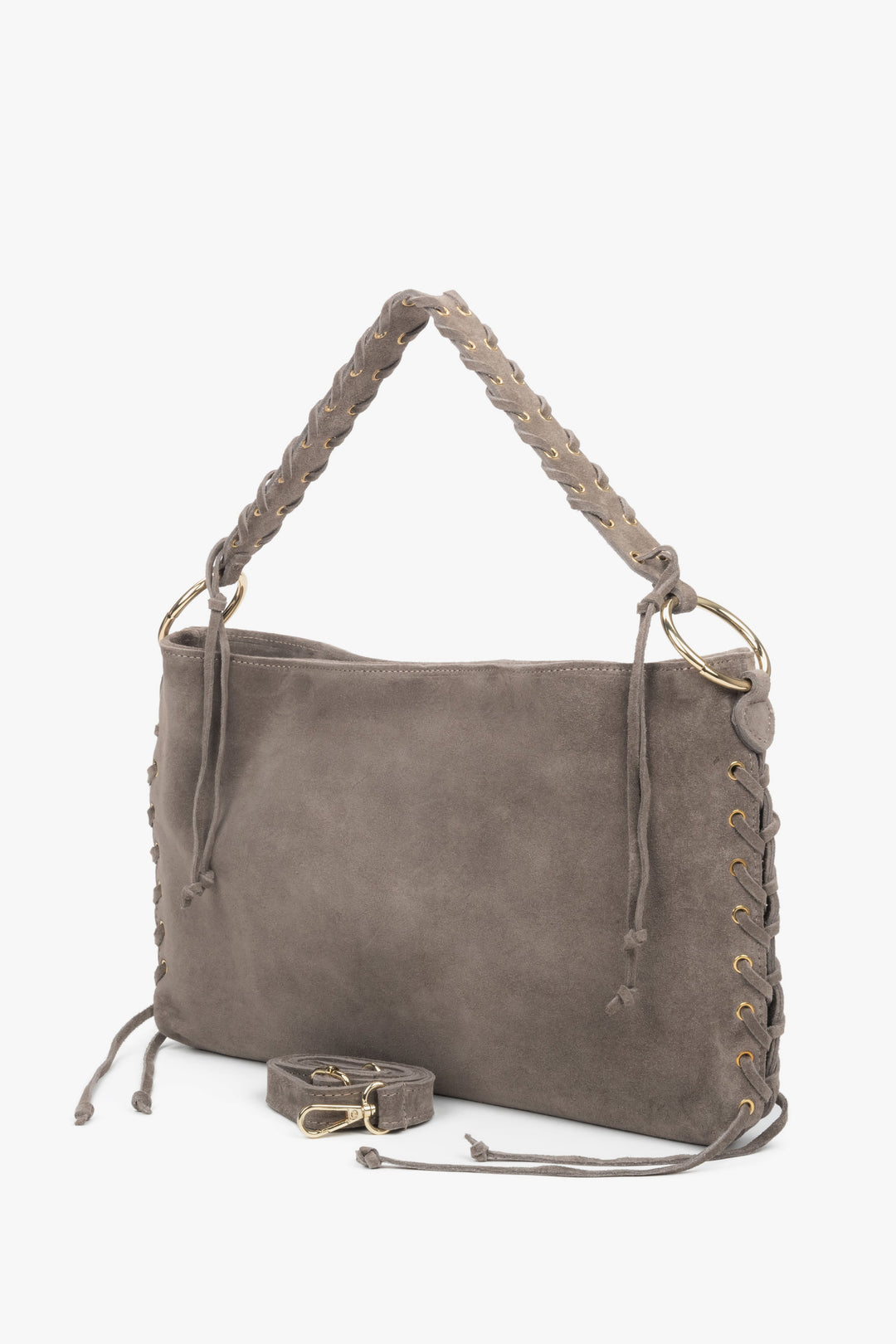 Beżowa torebka damska typu boho z plecioną rączką z włoskiego weluru naturalnego Premium - pasek na ramię w zestawie.