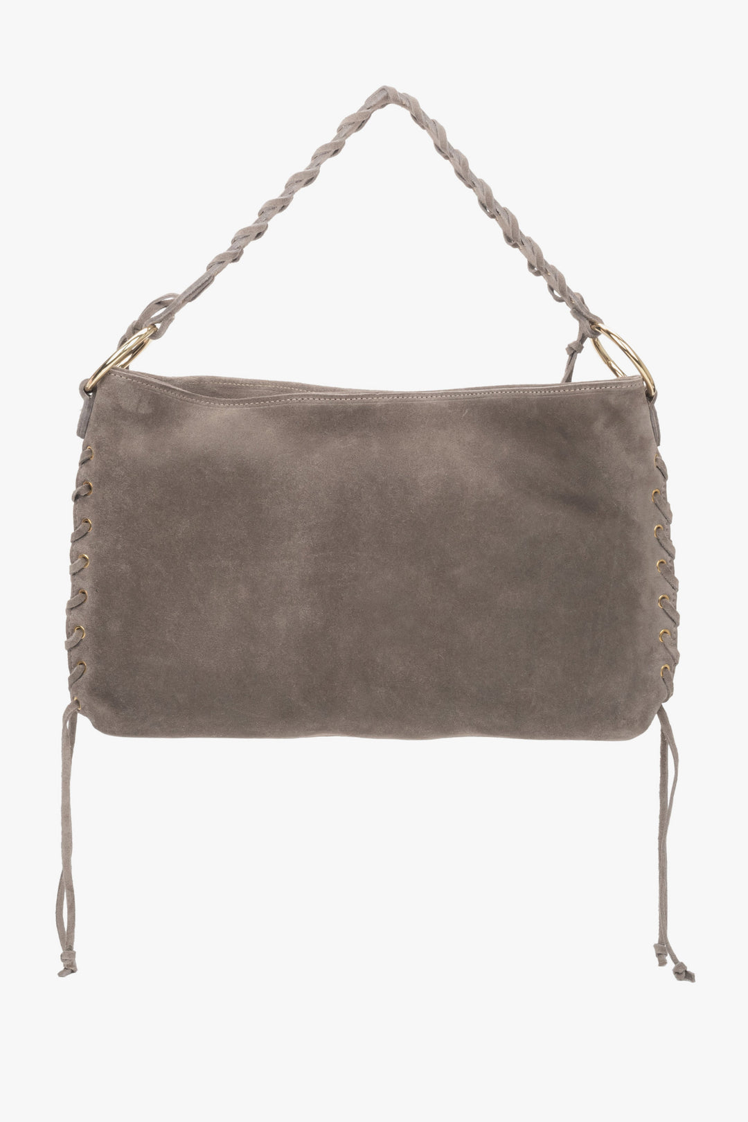 Beżowa torebka boho marki Estro z plecionym uchwytem, wykonana z luksusowego włoskiego weluru.