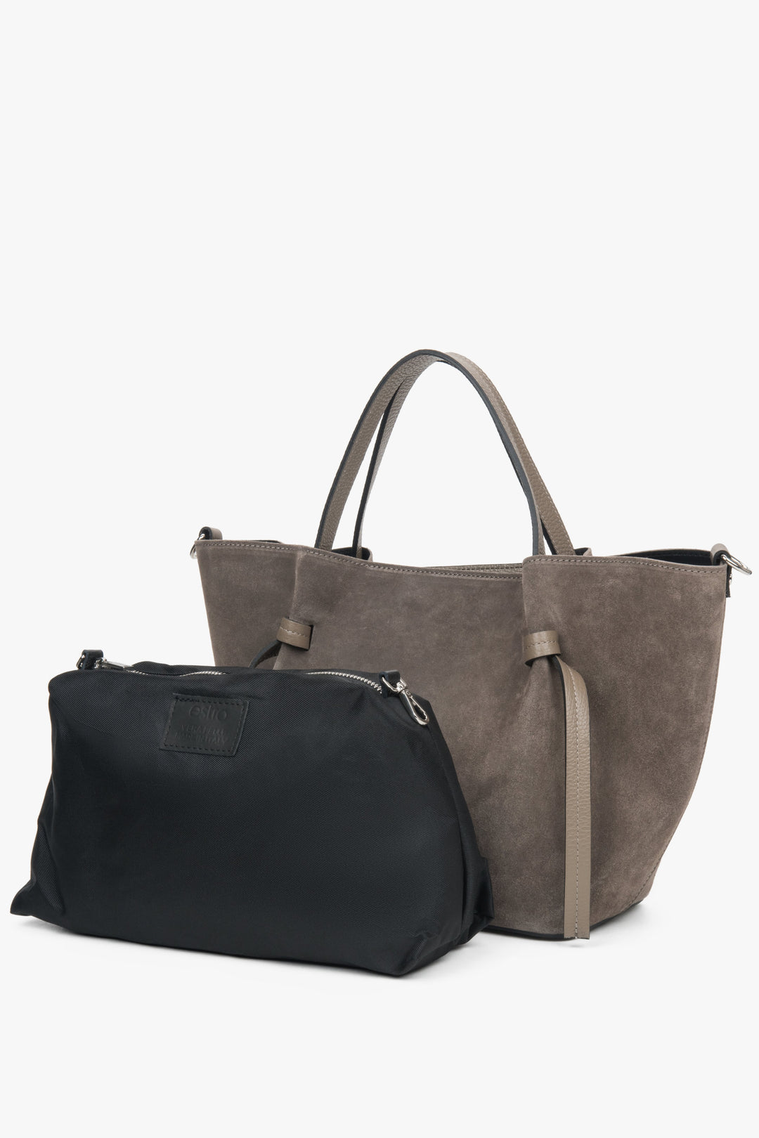 Ciemnobeżowa torebka typu łódka shopper z naturalnego włoskiego weluru Premium Estro, model ER00118159.