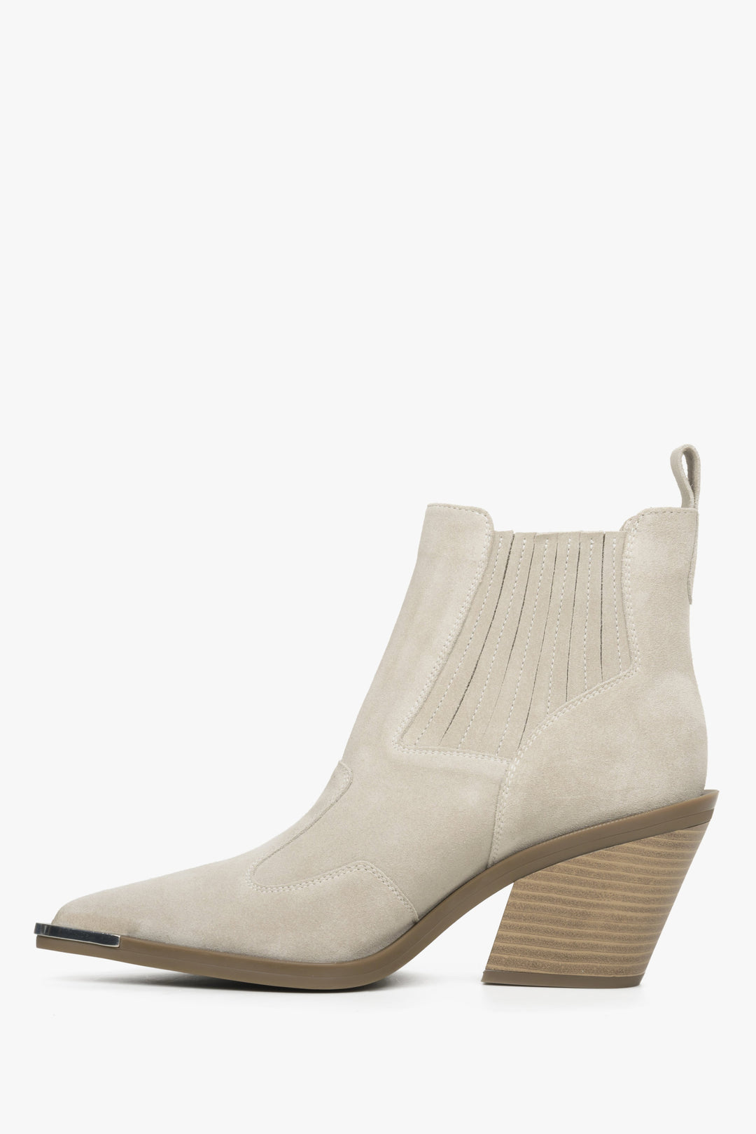 Welurowe beżowo-szare kowbojki Estro - profil buta.