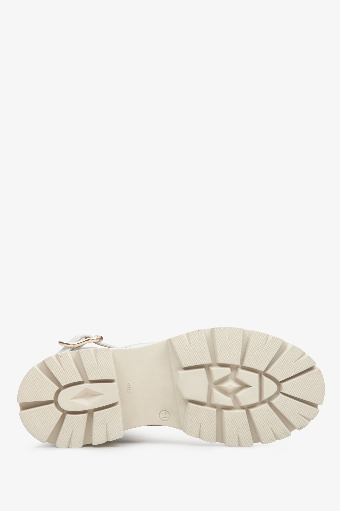 Botki damskie na zimę ze skóry naturalnej Estro z ociepleniem w kolorze jasnobeżowym - zbliżenie na spód podeszwy.