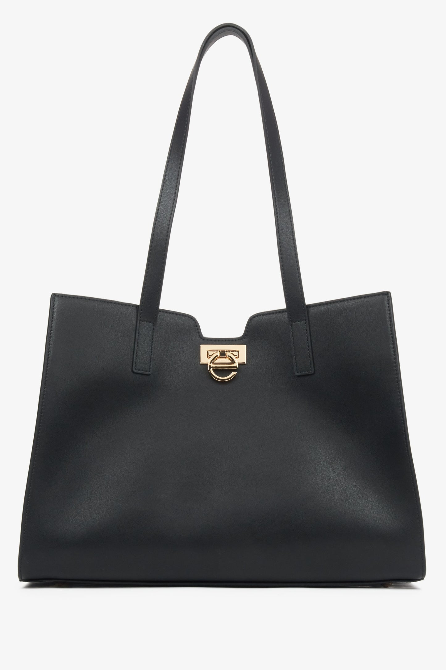 Czarna skórzana torebka damska typu shopper ze złotymi okuciami Estro ER00115797