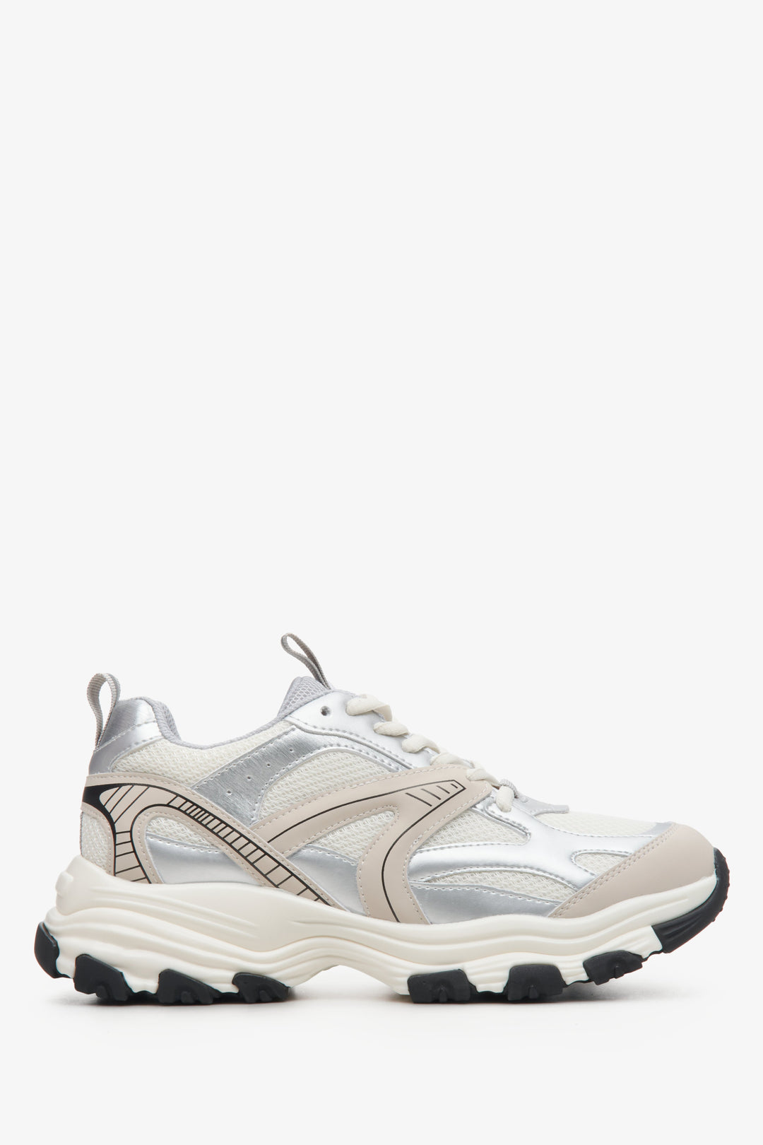 Mleczno-srebrne sneakersy damskie z łączonych materiałów z elastyczną podeszwą ES8 ER00114671