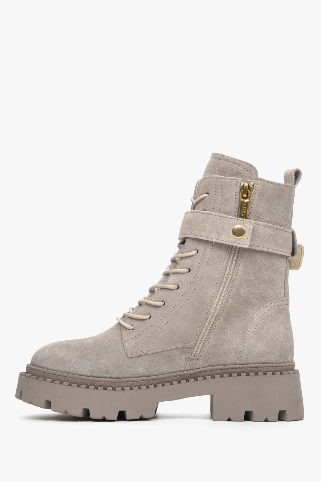 Damskie, wysokie workery na zimę w kolorze szarym z weluru naturalnego marki Estro - profil buta.