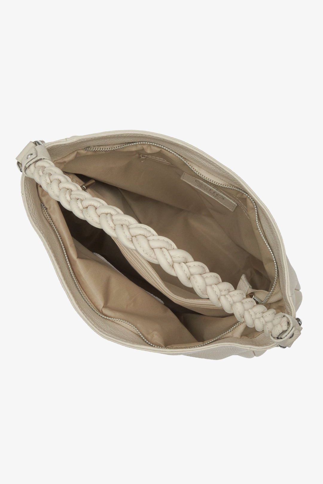 Beżowa, duża shopperka damska na ramię Estro ze skóry naturalnej - prezentacja wnętrza modelu.