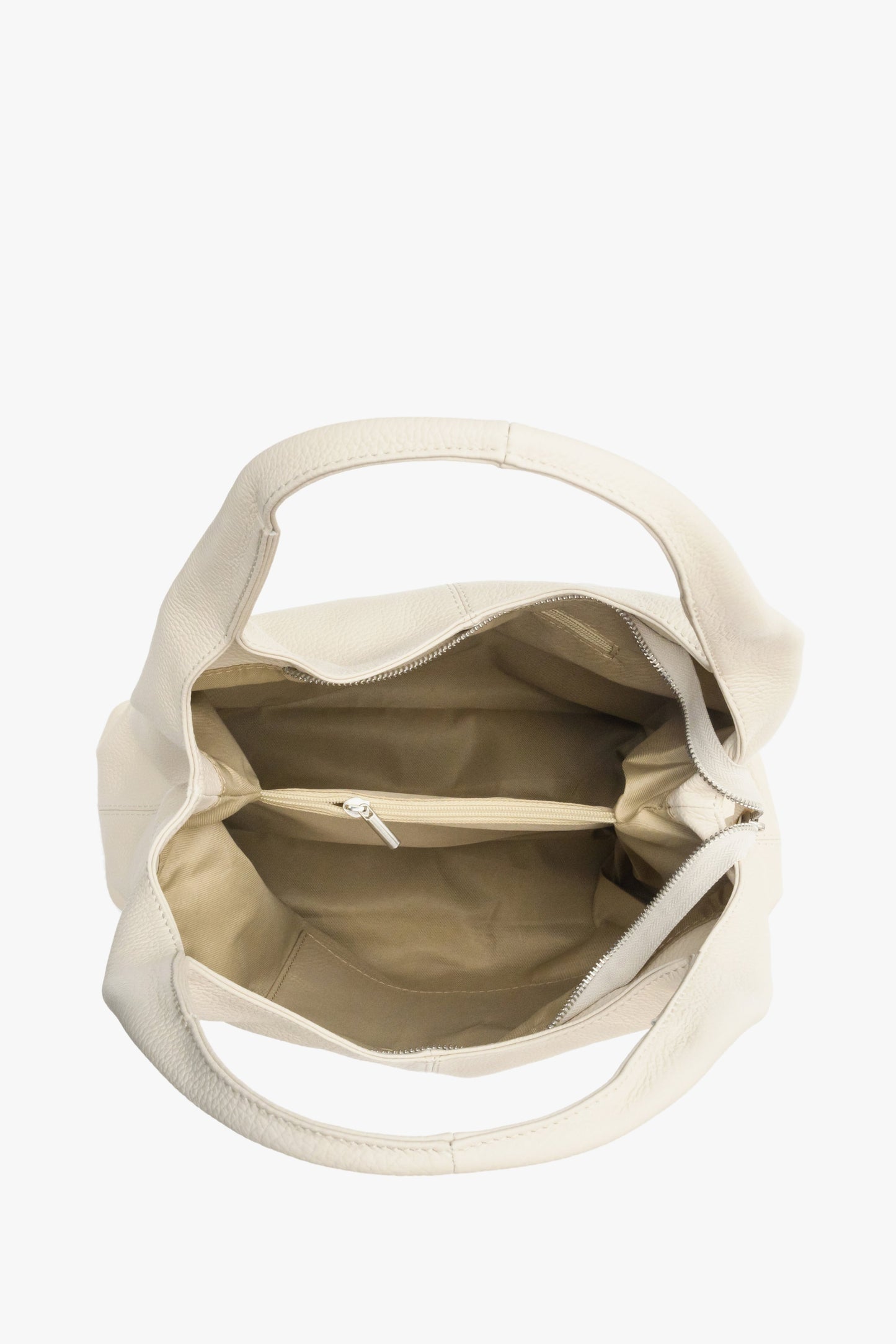 Torebka damska jasnobeżowa z włoskiej skóry naturalnej - zbliżenie na wnętrze modelu.