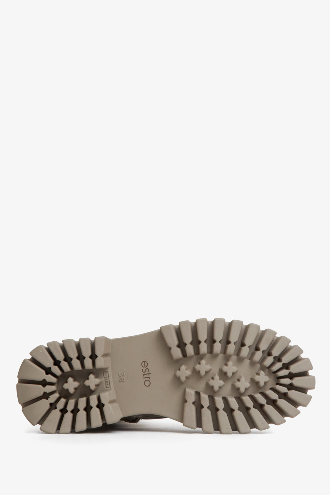 Sznurowane, wysokie botki damskie w kolorze beżowym ze skóry naturalnej - zbliżenie na podeszwę buta.